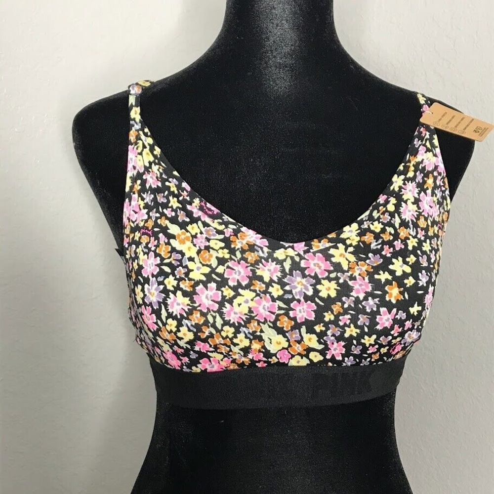Pink Active ULTIMATE Lightly Lined Sports Bra Size Small Black Floral Low Impact